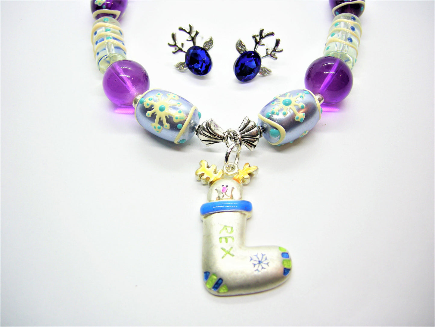 Rex – Stocking Pendant Lampwork Necklace & Deer Stud Earrings