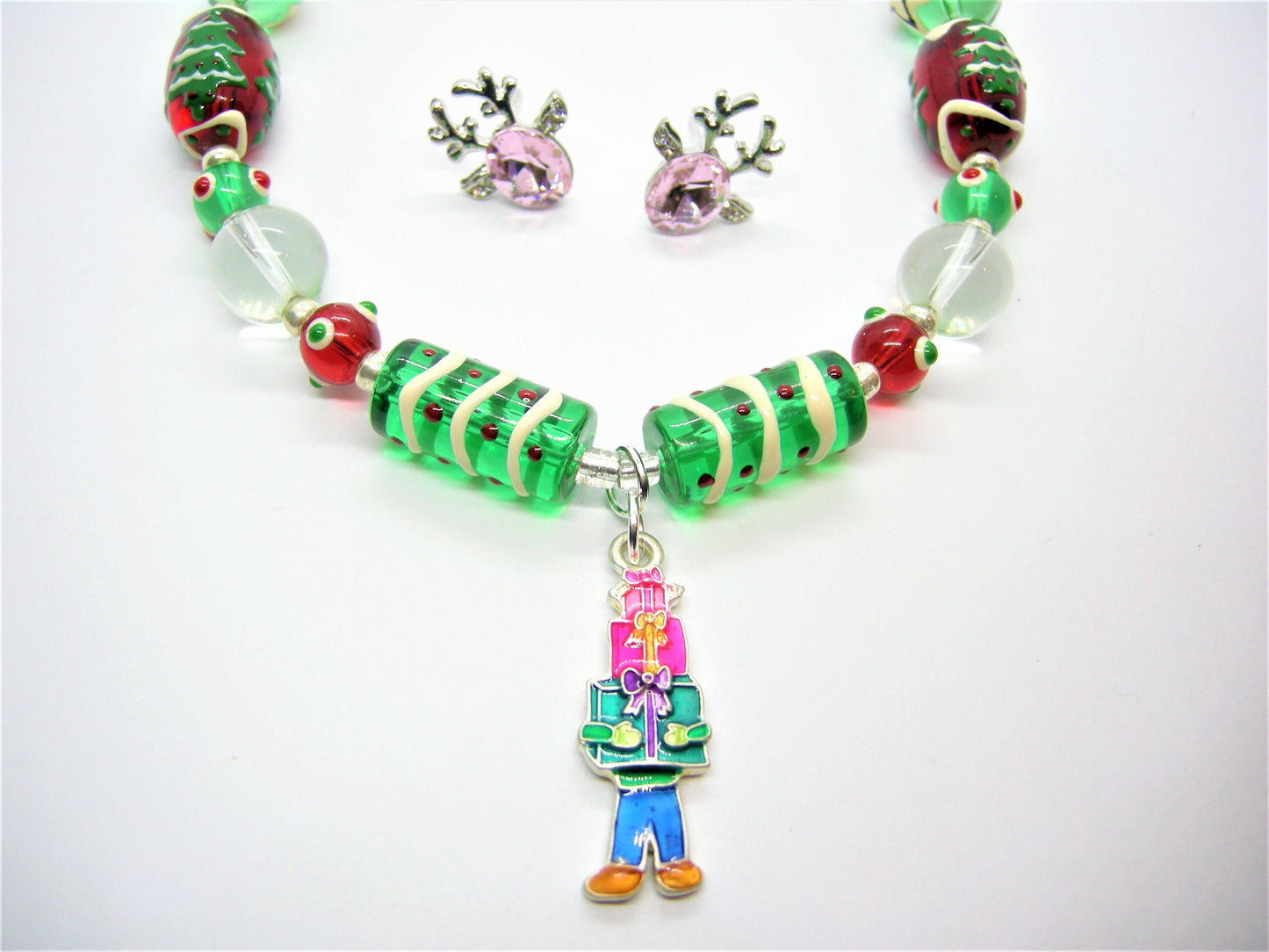 Jasper – Handcrafted Glass Bead Christmas Necklace & Deer Earrings