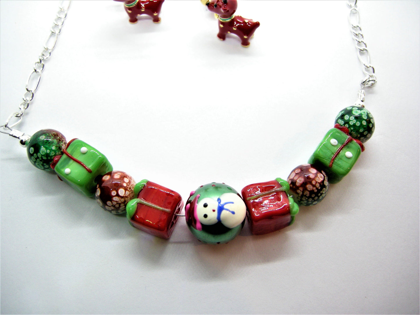Rudy – Christmas Lampwork Bead Necklace & Reindeer Earrings