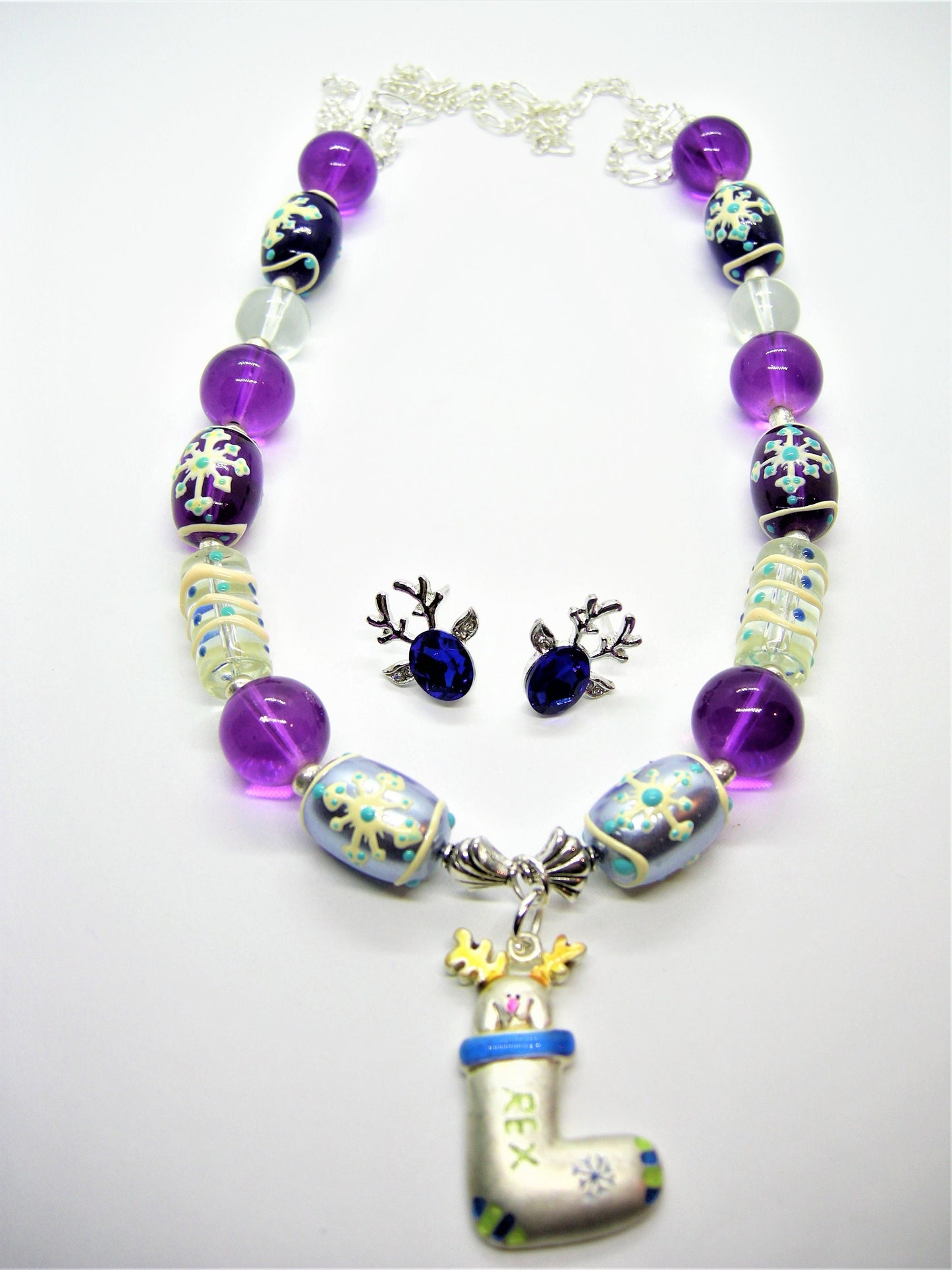 Rex – Stocking Pendant Lampwork Necklace & Deer Stud Earrings