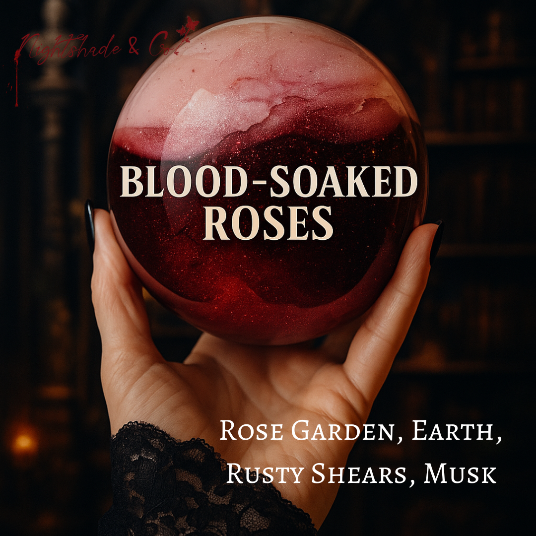 Hand holding a crystal ball with 'Blood-Soaked Roses' text and product description.