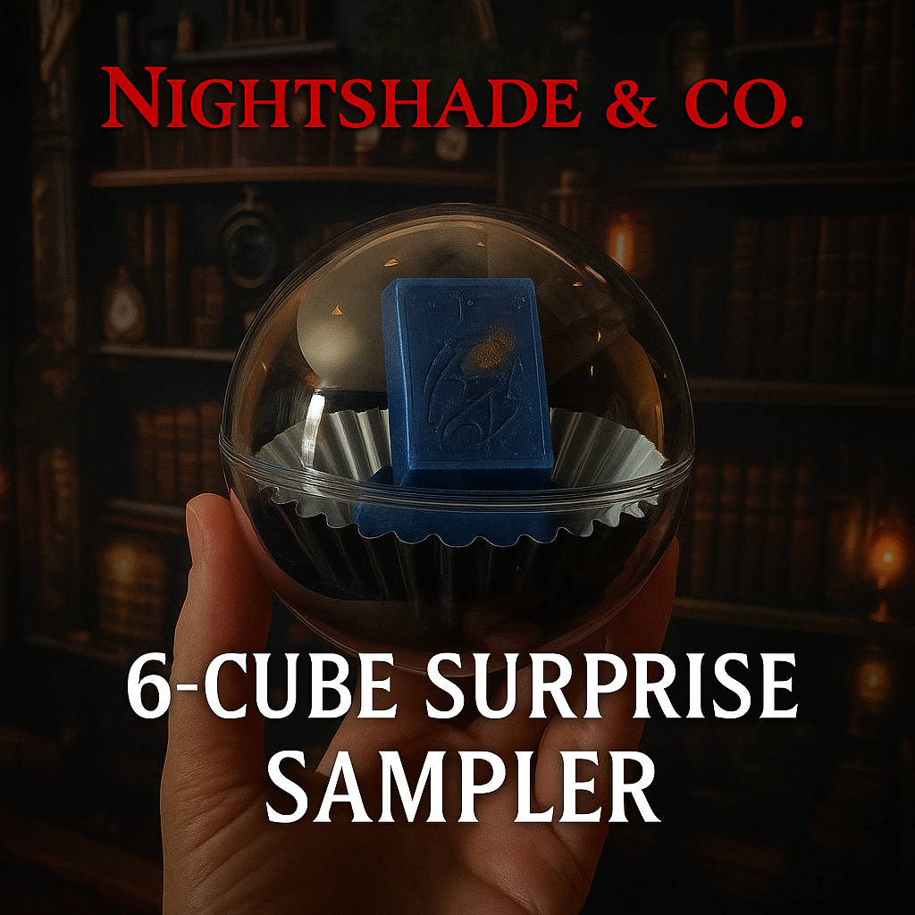 Hand holding a glass sphere with a blue cube inside, labeled '6-Cube Surprise Sampler' by Nightshade & Co.