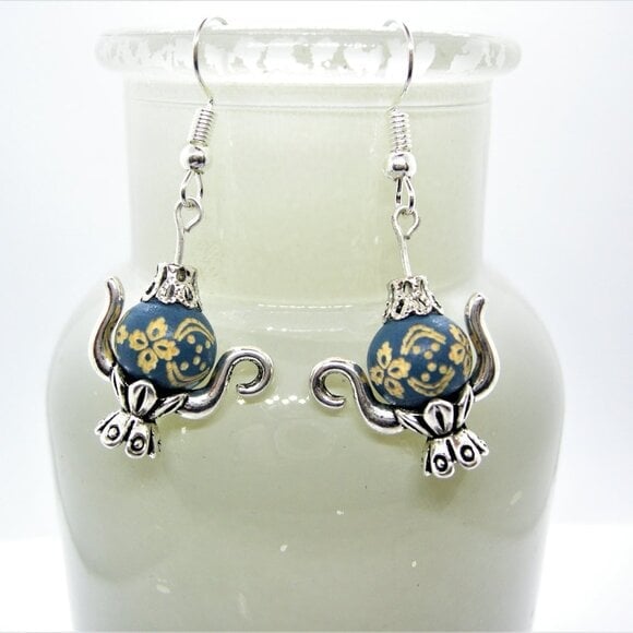 Handcrafted Teapot Earrings Dark Blue with Sterling Silver Hooks