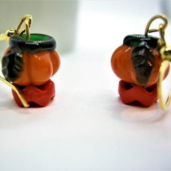 Tiny Lampwork Pumpkins on Gold Hooks