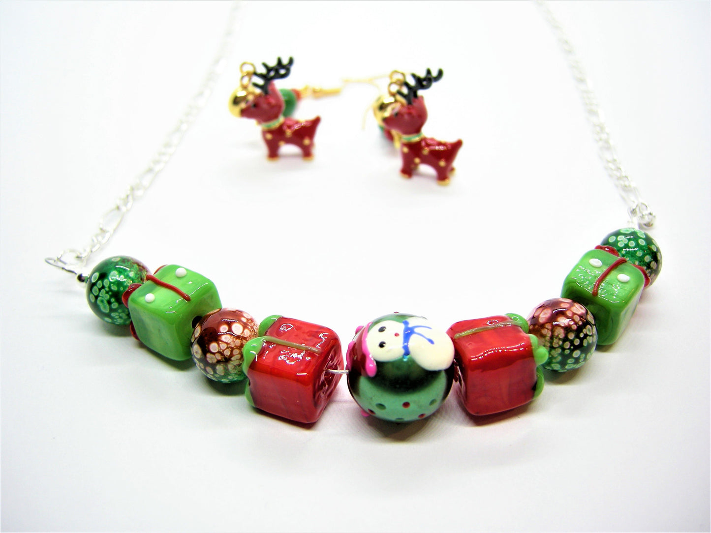 Rudy – Christmas Lampwork Bead Necklace & Reindeer Earrings