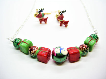 Rudy – Christmas Lampwork Bead Necklace & Reindeer Earrings