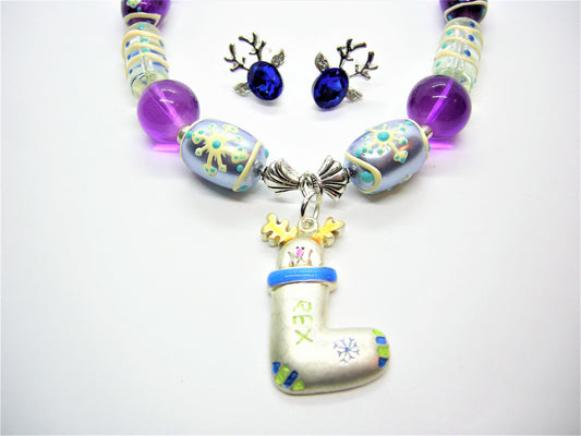 Rex – Stocking Pendant Lampwork Necklace & Deer Stud Earrings
