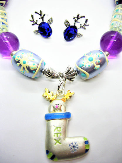 Rex – Stocking Pendant Lampwork Necklace & Deer Stud Earrings
