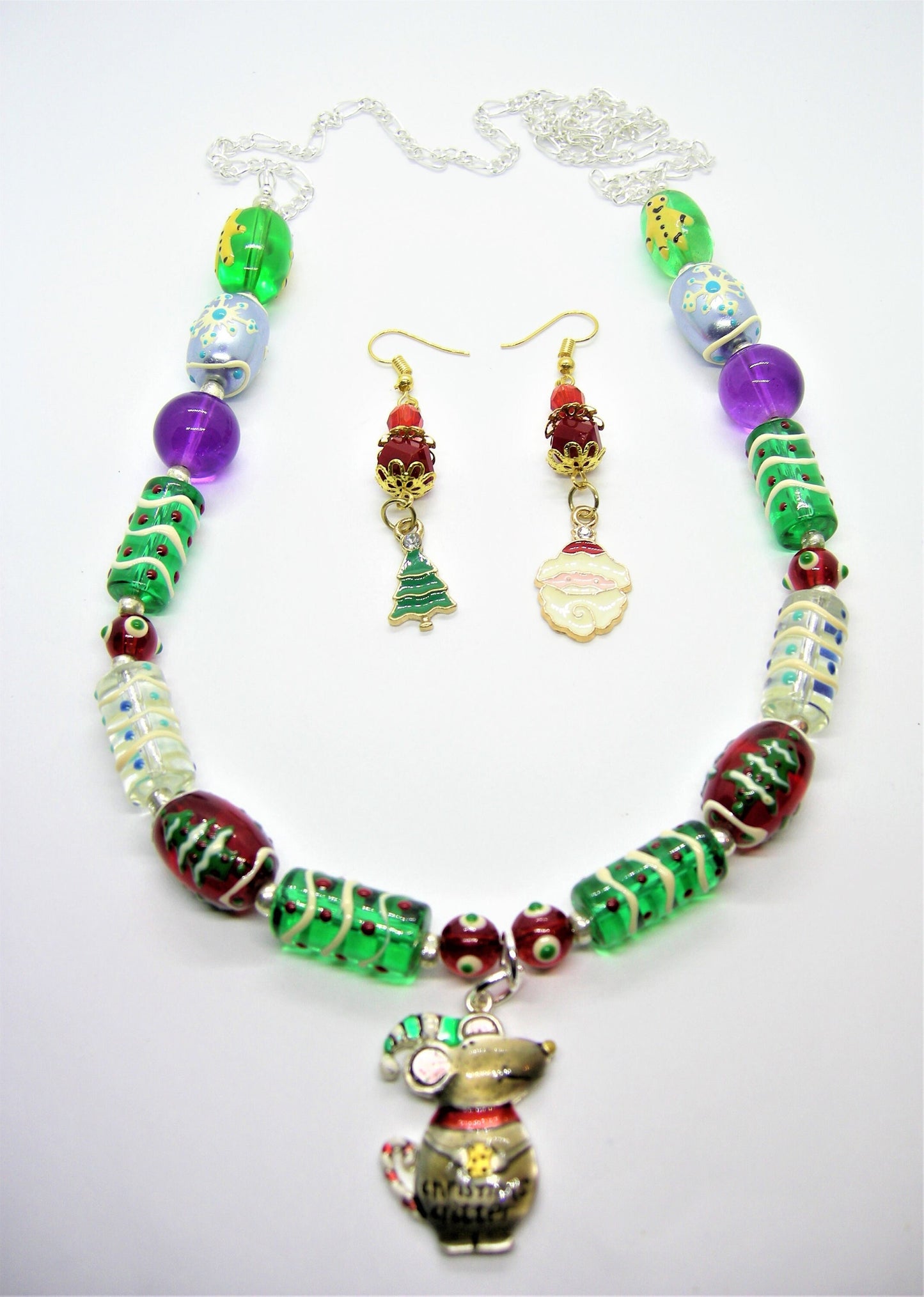 Chester – Christmas Mouse Pendant Necklace & Mismatched Earrings