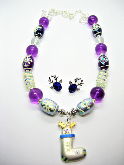 Rex – Stocking Pendant Lampwork Necklace & Deer Stud Earrings