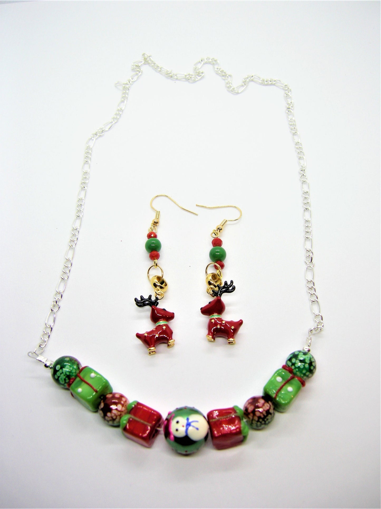 Rudy – Christmas Lampwork Bead Necklace & Reindeer Earrings