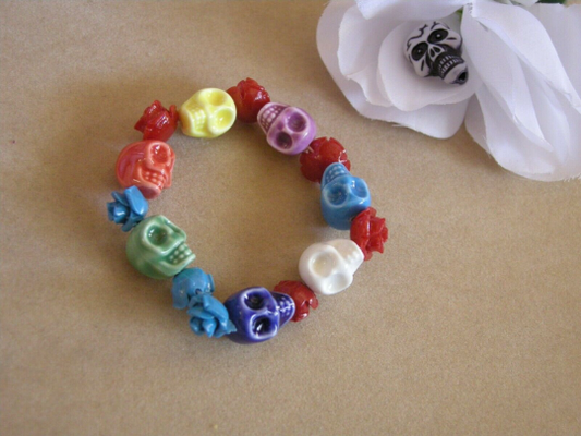 Rainbow Ritual - Set of 4 ceramic skull stretch bracelets 6.5-7" each handcrafted