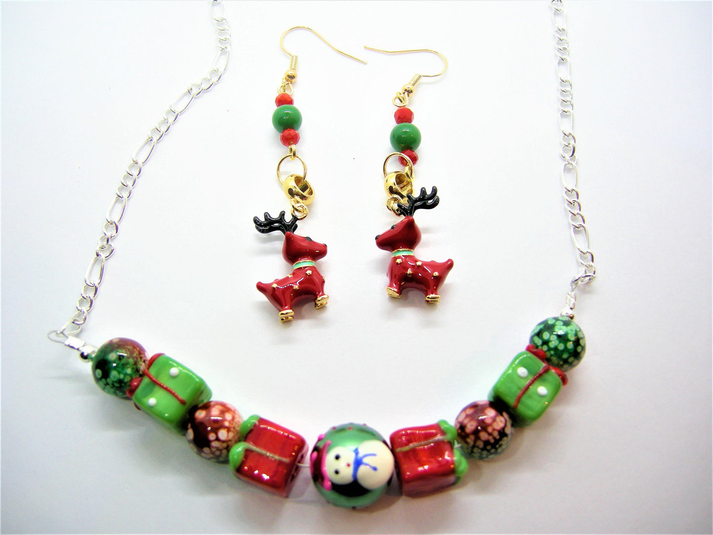 Rudy – Christmas Lampwork Bead Necklace & Reindeer Earrings