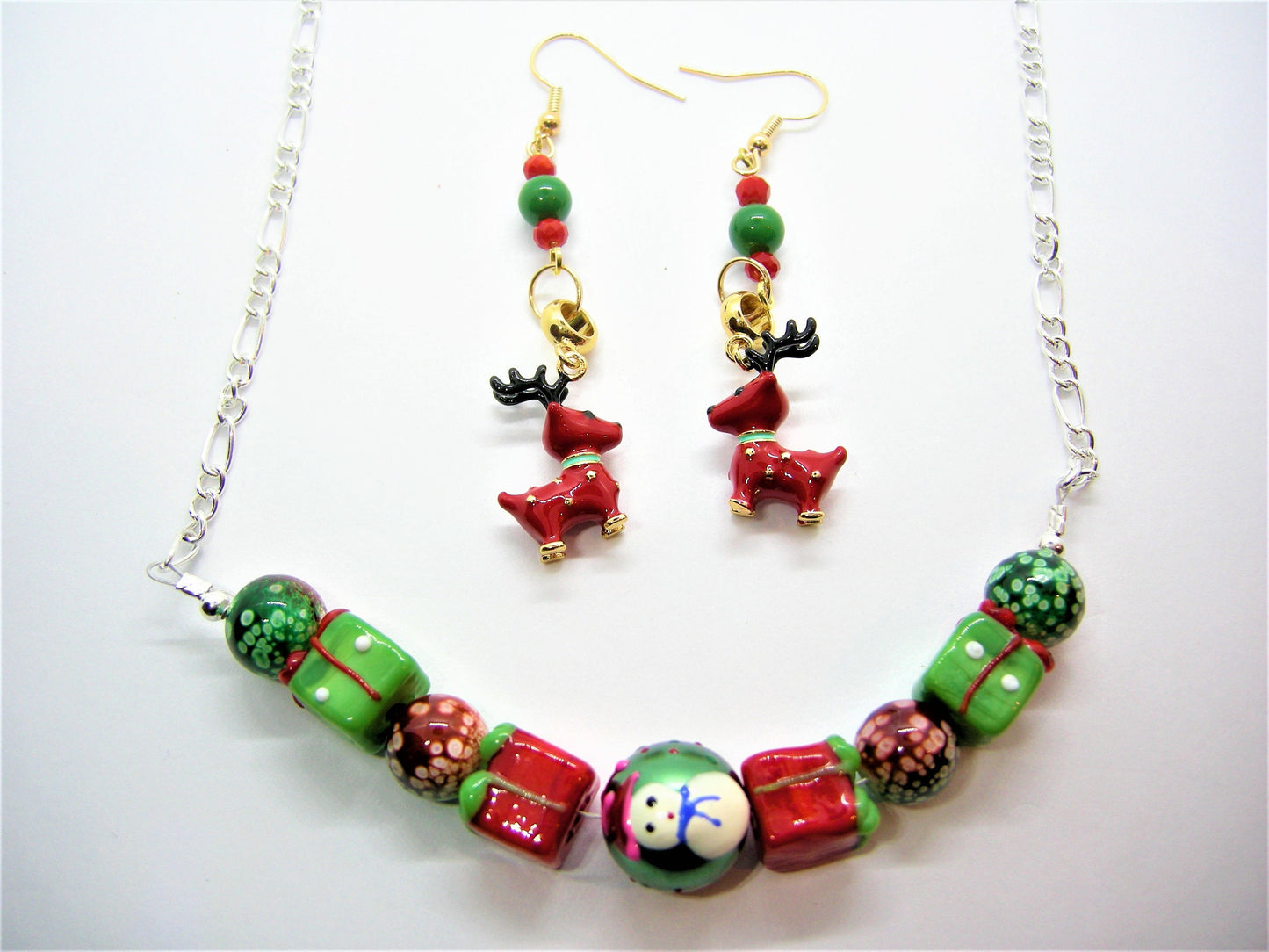Rudy – Christmas Lampwork Bead Necklace & Reindeer Earrings