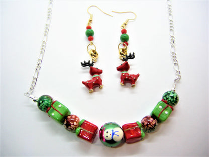 Rudy – Christmas Lampwork Bead Necklace & Reindeer Earrings