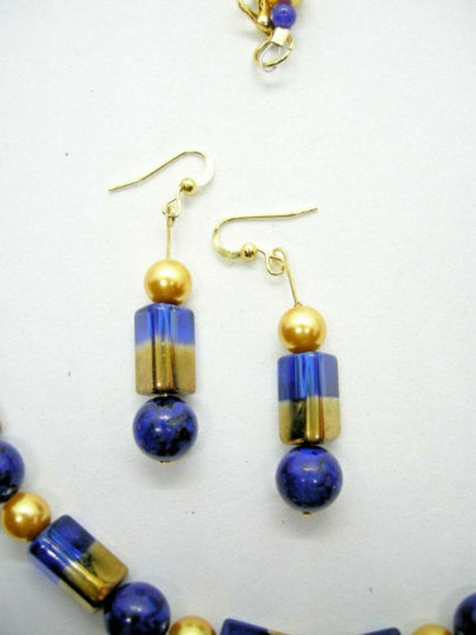 Blue and gold glass earrings on gold EP sterling hooks