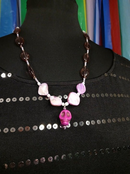 Haunting Elegance Purple Abalone, Glass and Skull Necklace