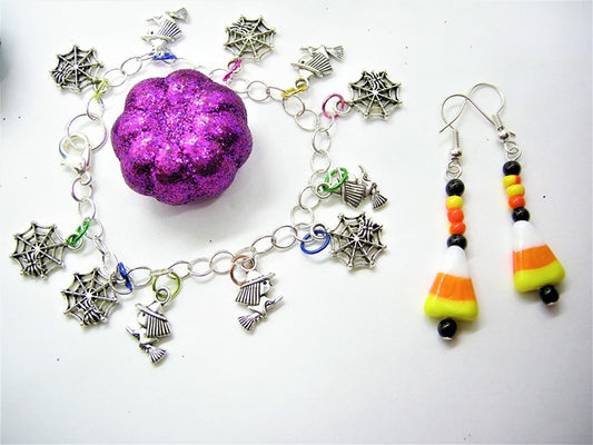 Handcrafted Halloween charm bracelet with candy corn earrings