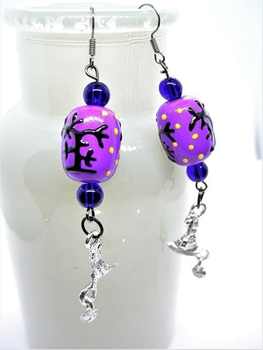 Purple Spooky Tree & Witch Hat Lampwork Earrings