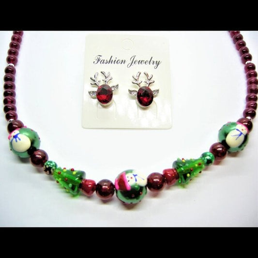 Handcrafted Christmas Lampwork Bead Necklace & Reindeer Antler Earring Set
