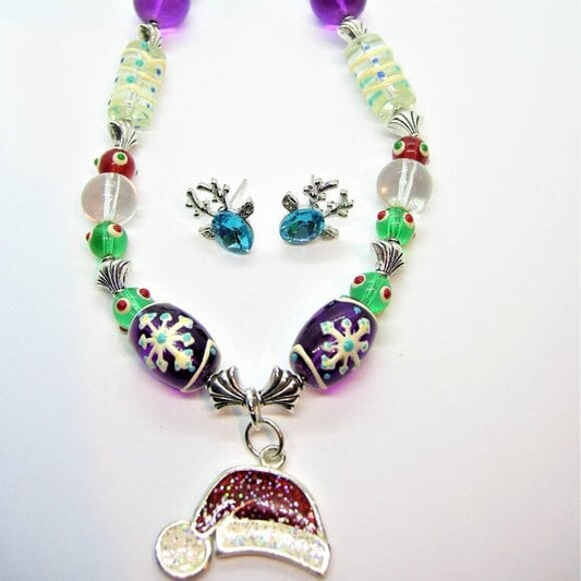 Christmas Hat Glass Bead Necklace & Deer Crystal Stud Earring Set