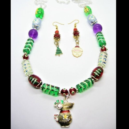 100% Handcrafted Mouse Pendant Christmas Necklace & Mismatched Earring Set