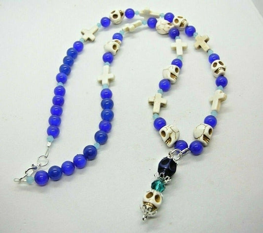 Blue and white skull necklace