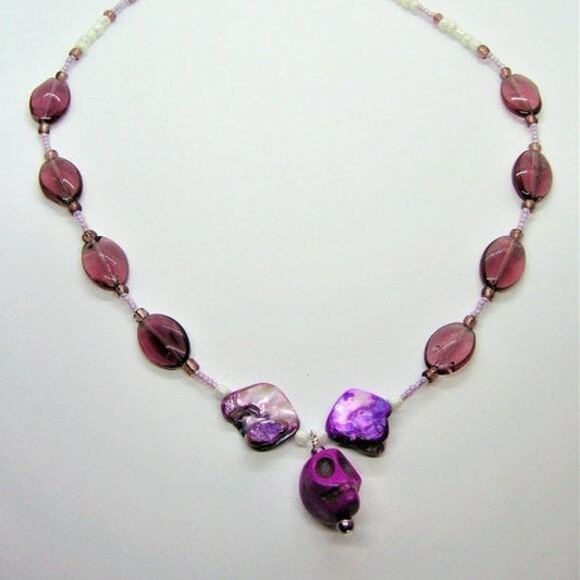 Purple Howlite Sugar Skull Necklace with Mother of Pearl Accents