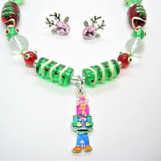 Handcrafted Glass Bead Christmas Necklace and Crystal Deer Stud Earrings Set