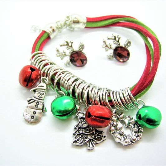 Christmas Custom Charm Bracelet and Deer Antler Stud Earrings Gift Set