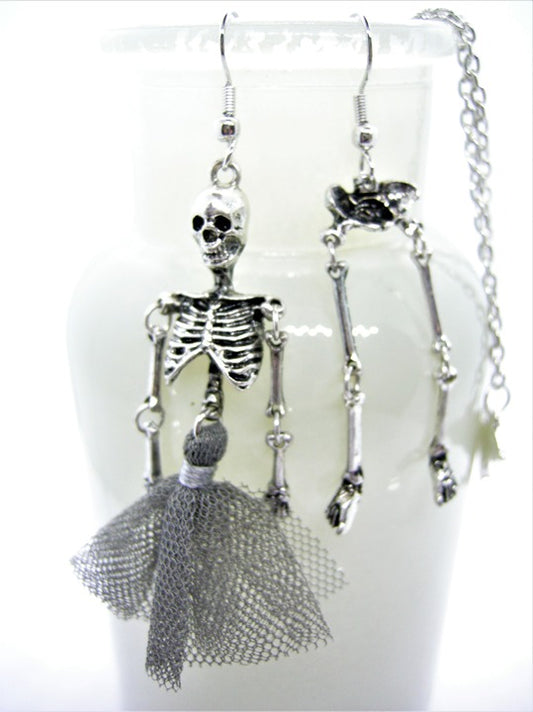 Necklace and Earrings split body skeleton with bat