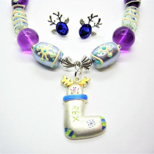 Stocking Pendant with Lampwork Glass Bead Necklace & Deer Stud Earrings Set