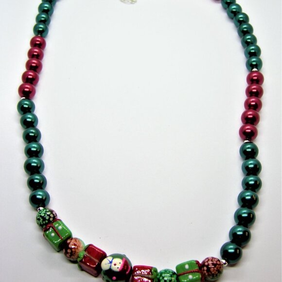 Handcrafted Glass Bead Christmas Necklace with Reindeer Earrings Set