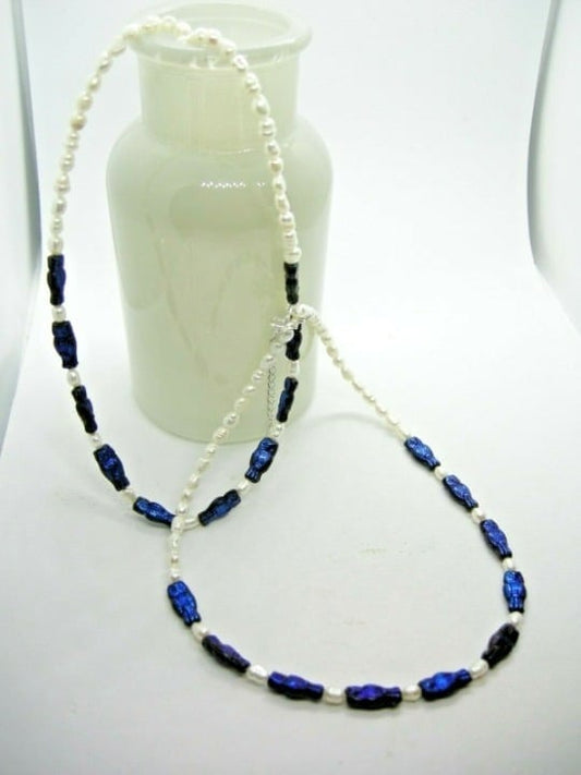 Cobalt Blue Owl Double Necklace Set  Freshwater Pearls and Blue Laser-coat Beads