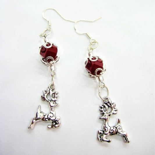 Silver Reindeer Earrings with GENUINE Ruby Beads