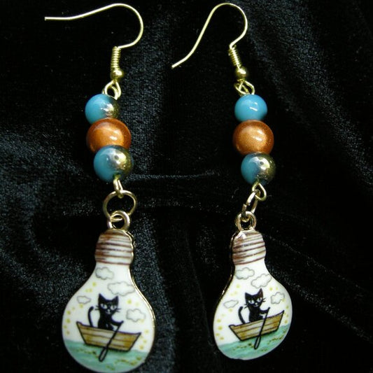 Cat in a Rowboat Lightbulb Dangle Earrings - Whimsical & Fun!