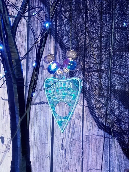 blue cyan OUIJA spirit board planchette necklace, functional and stylish