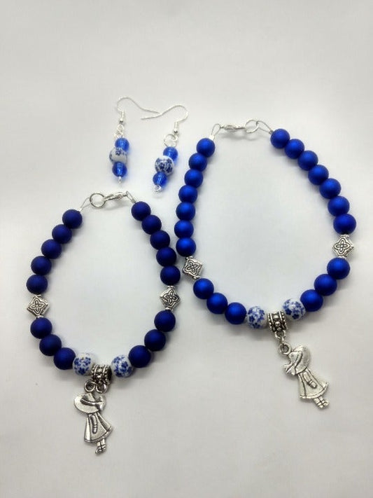 Blue Beaded Bracelet and Earrings Set with Madeline Flower Girl Charm