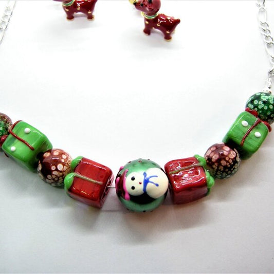 Christmas Lampwork Bead Necklace & Reindeer Earrings Set