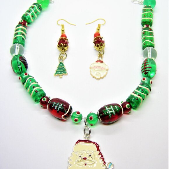 Santa Claus Pendant Necklace & Mismatched Earring Set