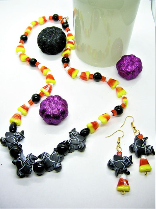 Necklace and earrings set lampwork candy corn