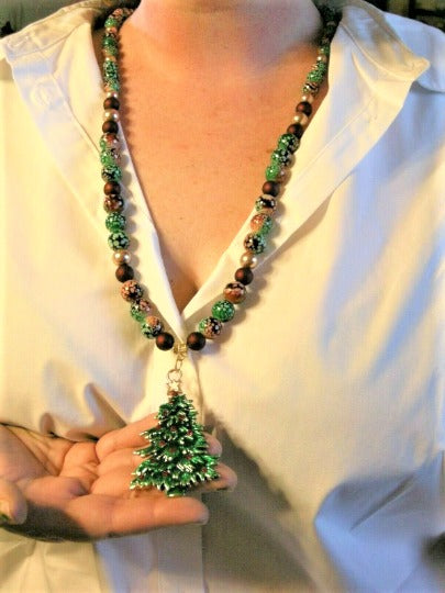 Christmas Tree Long Sweater Necklace with ugly sweater earrings