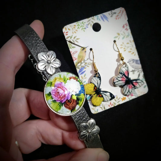 Floral bracelet and butterfly earrings set