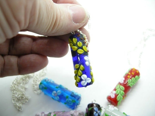 ROYAL BLUE Floral Barrel Lampwork Glass Pendant Necklace on Sterling Chain