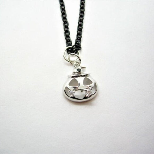 Chrome Silver Pumpkin Pendant Necklace with CZ crystal tooth
