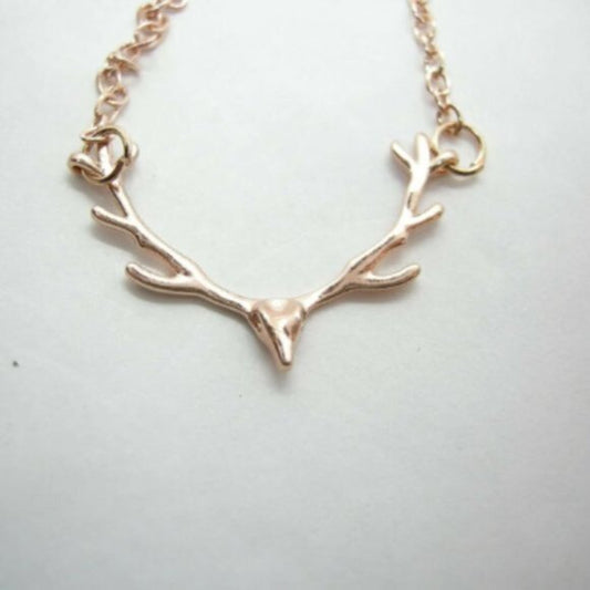 Dainty Rose Gold Antler Pendant Necklace & Stretch Bracelet Set