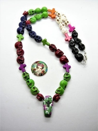 Green and purple coffin Necklace with matching coffin box