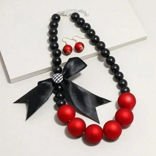 Chunky Pearl Bubblegum Bead Necklace and Earring Set – Red & Black