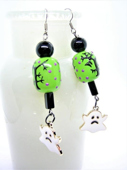 Green Spooky Tree & Ghost Lampwork Earrings