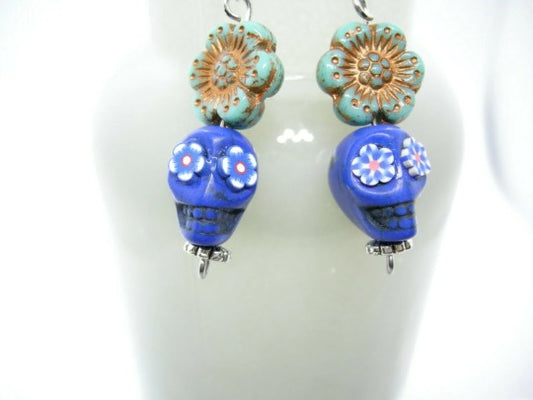 Blue Sugar Skull Earrings with pressed glass copper flowers